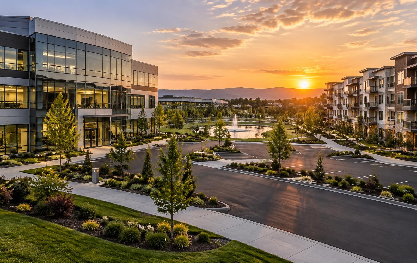 Office park and apartment community with clean sidewalks, curbs and parking areas