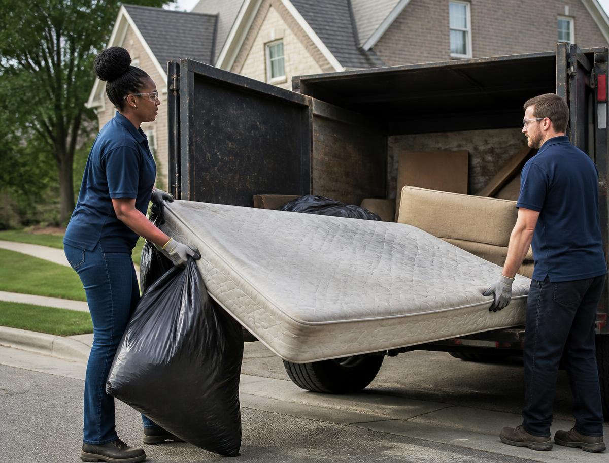 Two uniformed crew members loading an old mattress and bagged trash into a dump trailer at a home