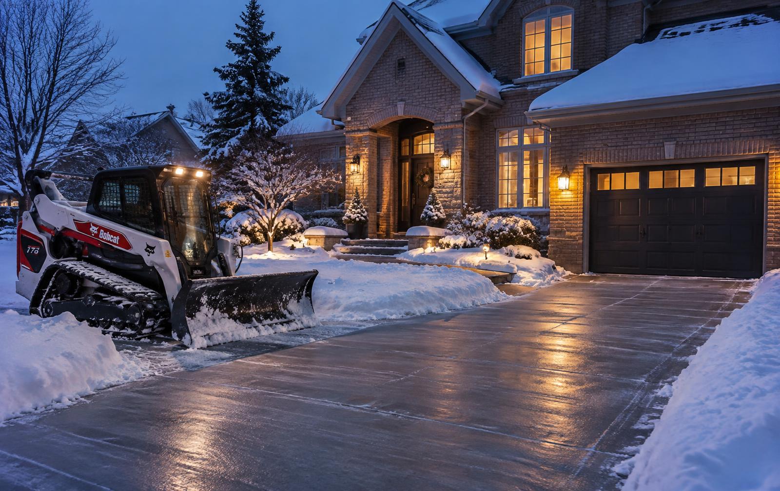 Cleared residential driveway at dusk with a compact plow machine beside the home