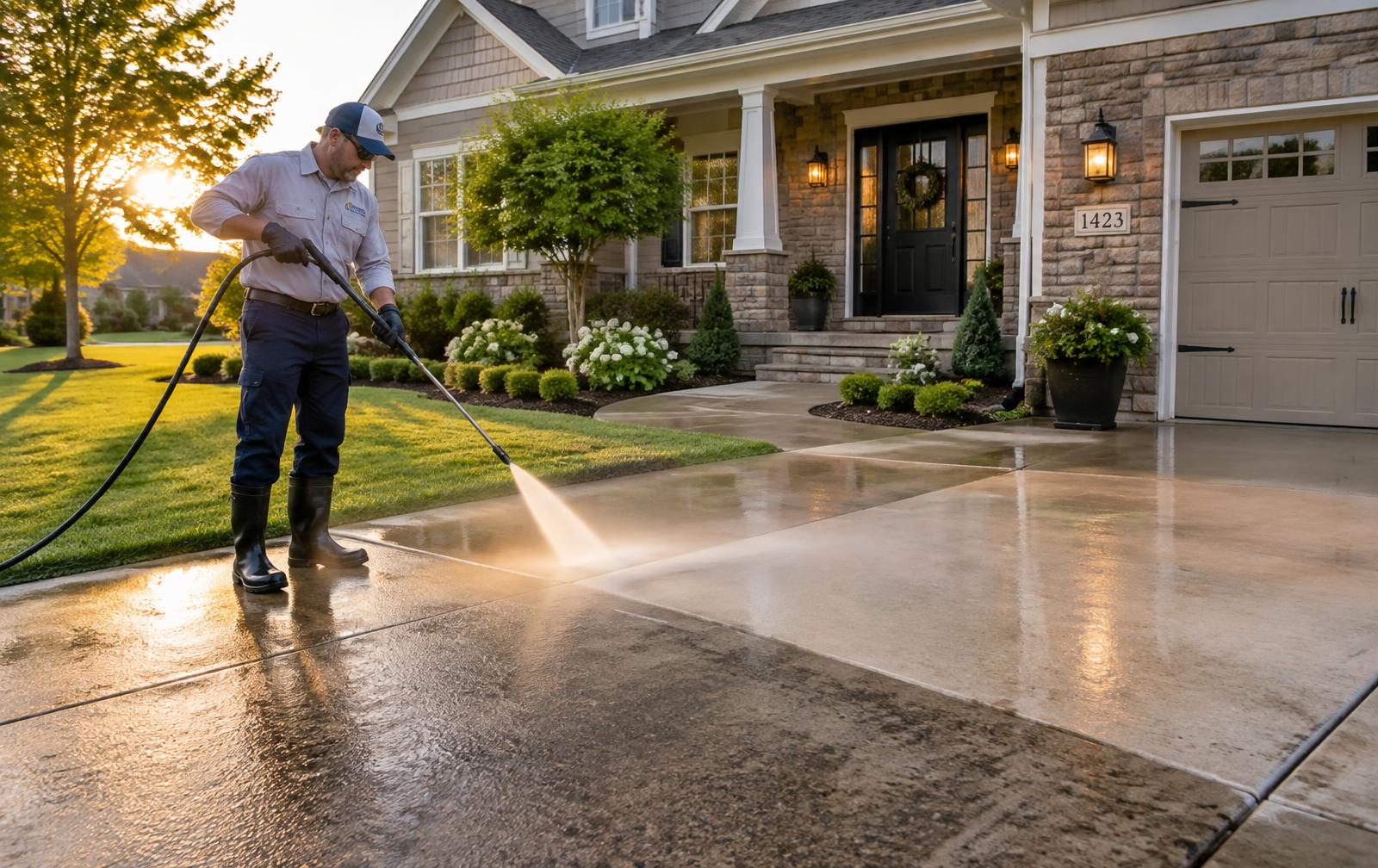 Crew member pressure washing a residential driveway in late afternoon light