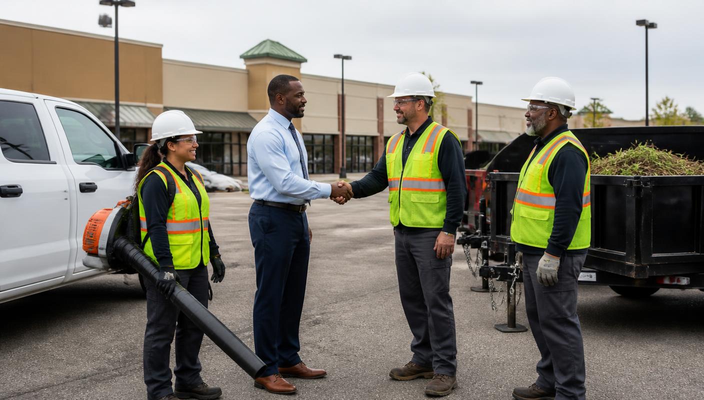 A commercial services team meeting with a property manager on site