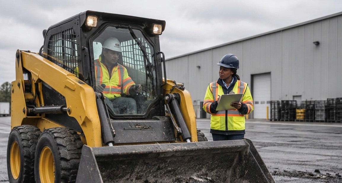 A skid steer operator and a site supervisor working together on a commercial lot